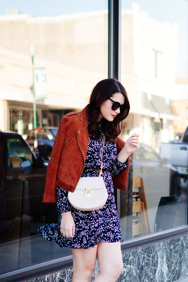 suede jacket and navy floral mini dress from style blogger kendi everyday