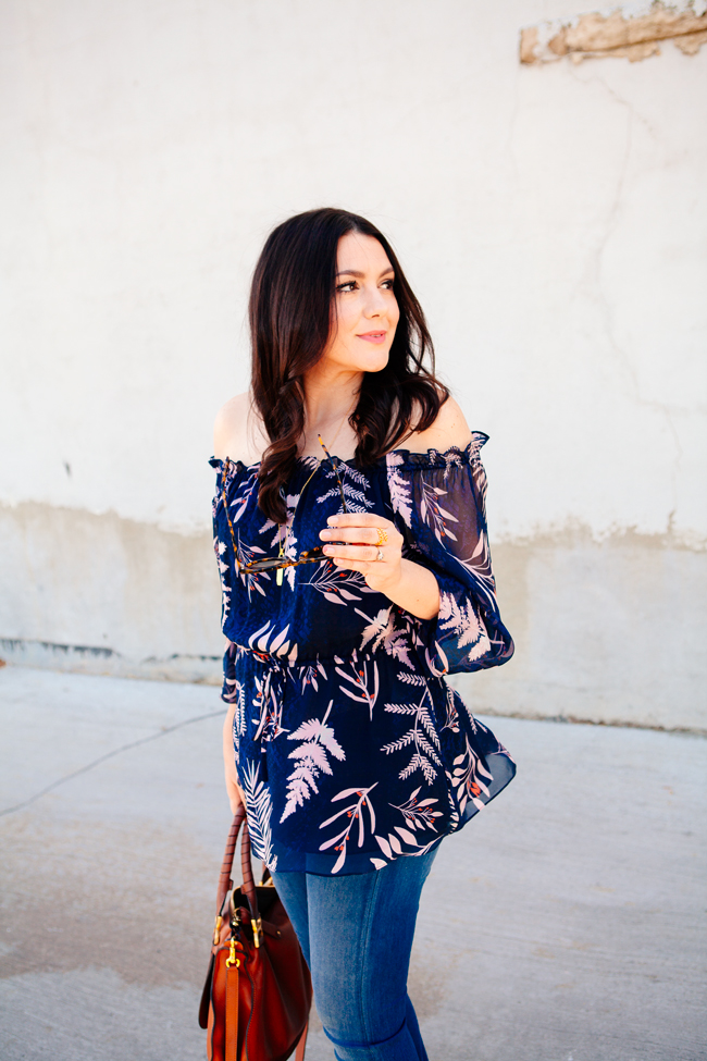 Off the shoulder blouse and flare jeans on Kendi Everyday