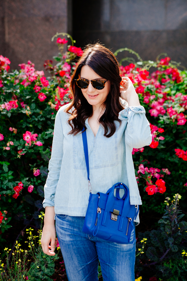 Chambray top and boyfriend jeans on Kendi Everyday
