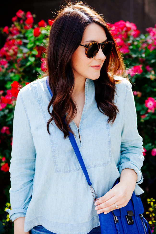 Chambray top and boyfriend jeans on Kendi Everyday
