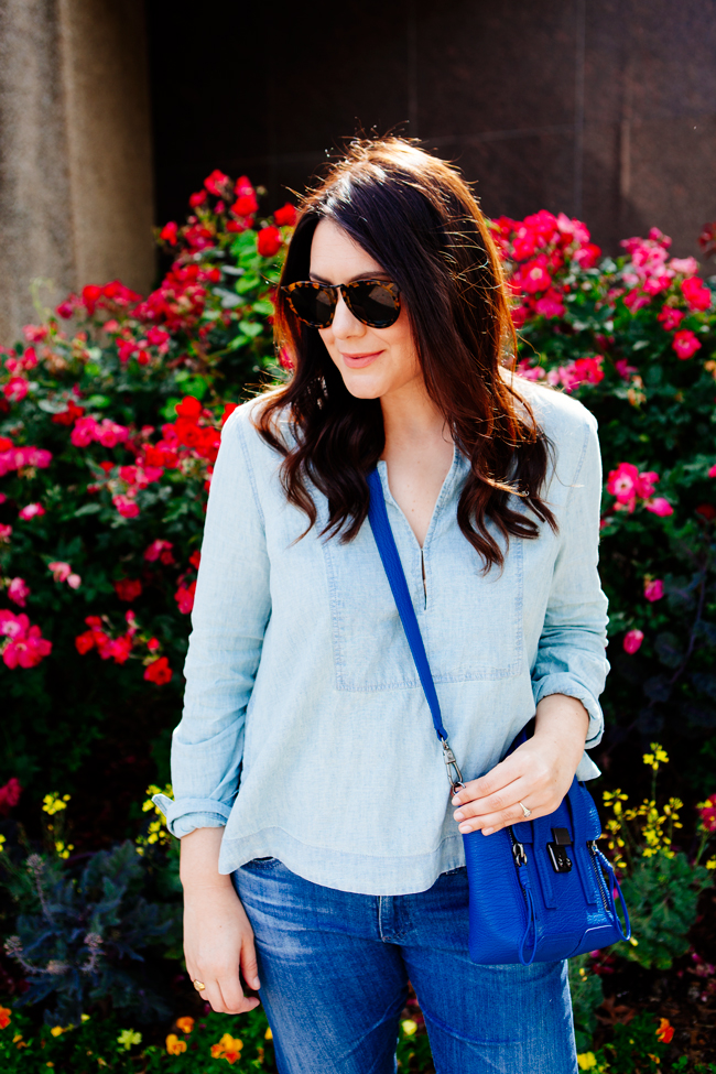 Chambray top and boyfriend jeans on Kendi Everyday