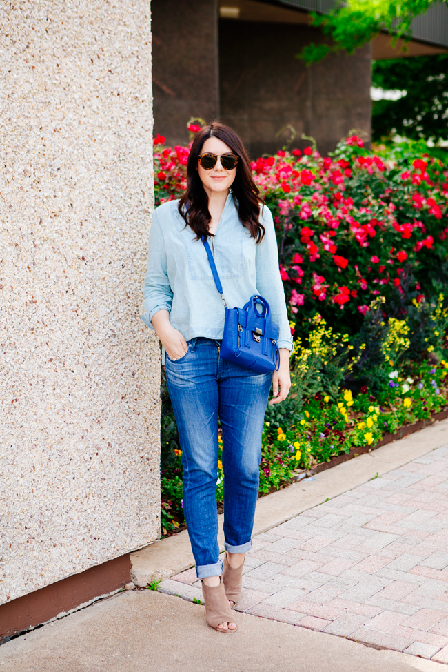 Chambray top and boyfriend jeans on Kendi Everyday