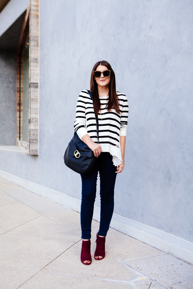 Striped lace sweater with skinny denim and burgundy booties. 
