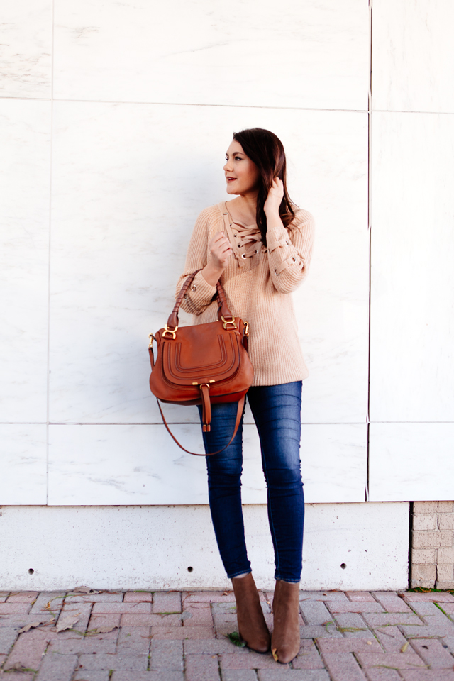 Lace up sweater with skinny denim on Kendi Everyday