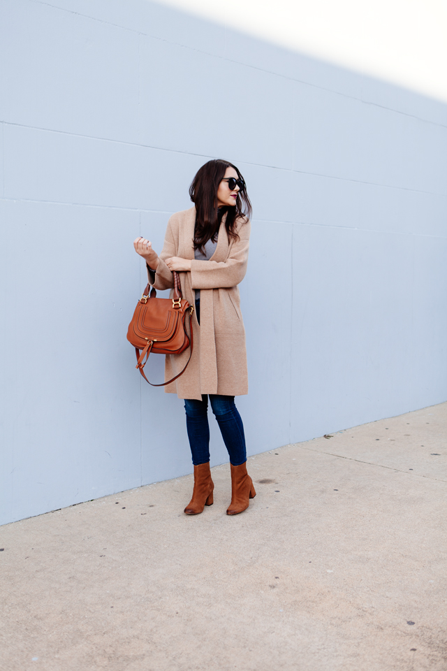 Camel sweater coat with grey turtleneck and cognac booties outfit on Kendi Everyday.