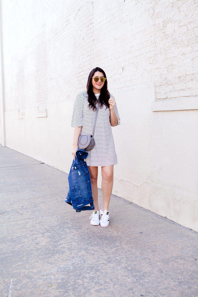 black and white striped dress with denim jacket and adidas superstars