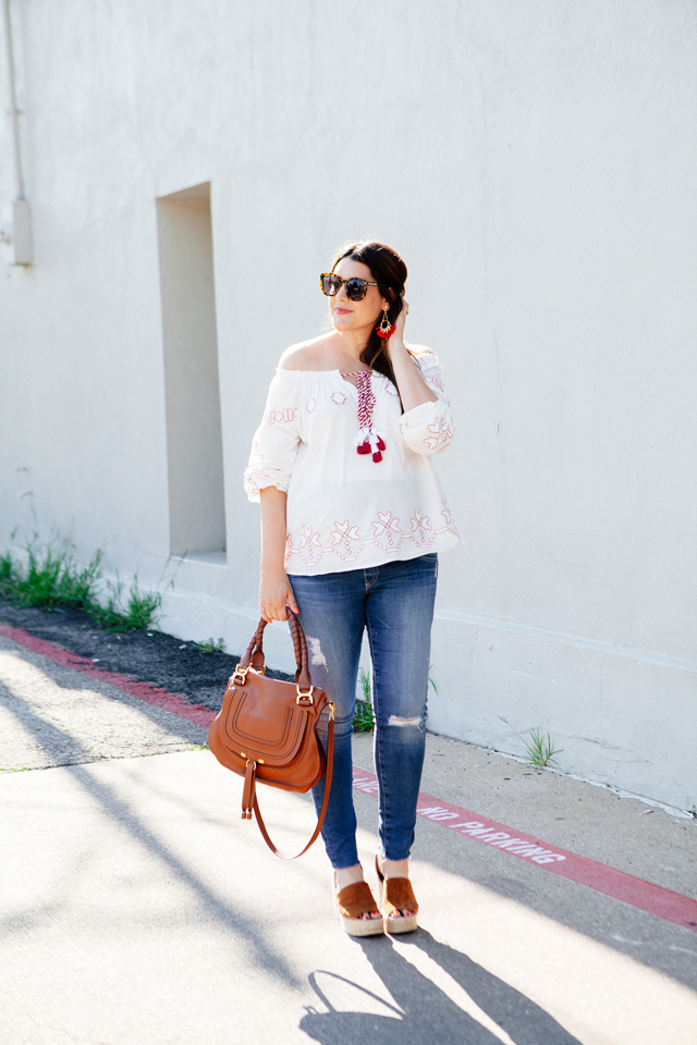 Off the shoulder top for summer. Maternity outfit ideas.