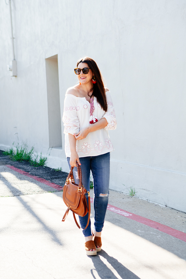Off the shoulder top for summer. Maternity outfit ideas.